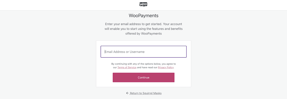 Ajout d'une adresse e-mail à WooPayments pour commencer à la connecter à votre boutique WooCommerce.