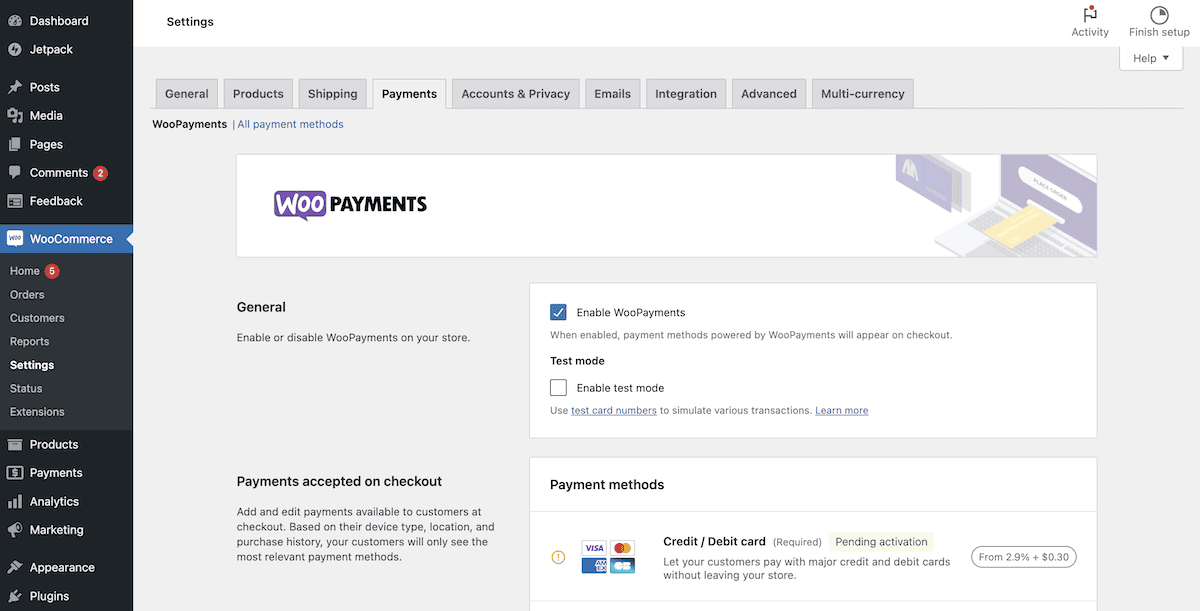 شاشة إعدادات WooPayments.