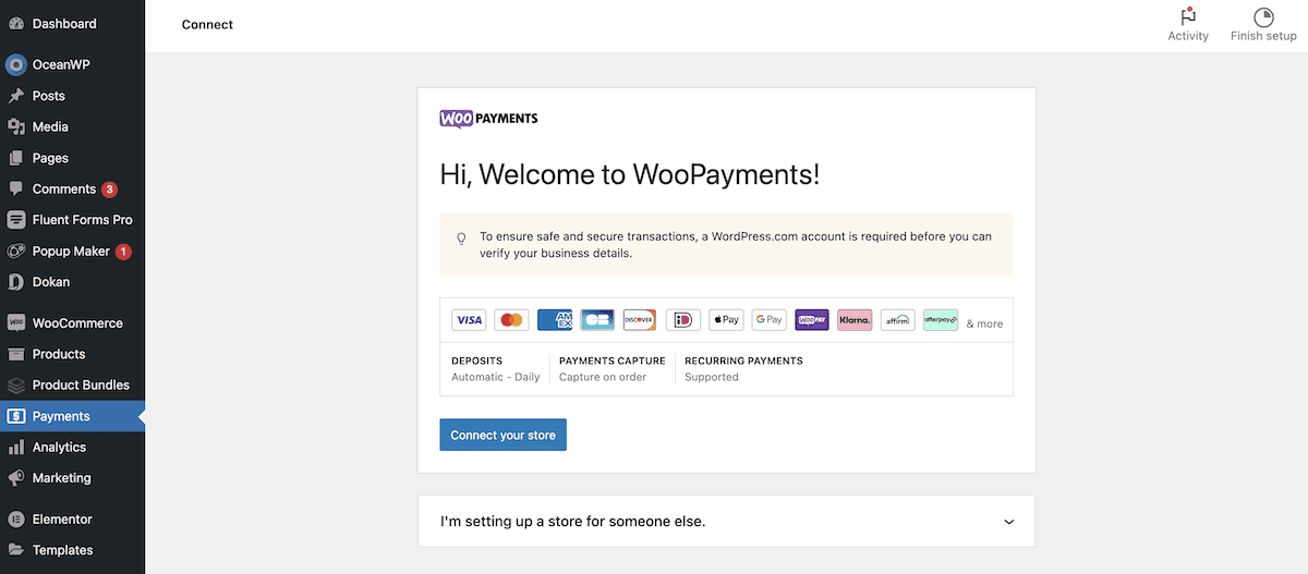 WooPayments Kurulum Sihirbazının Bağlan sayfası.