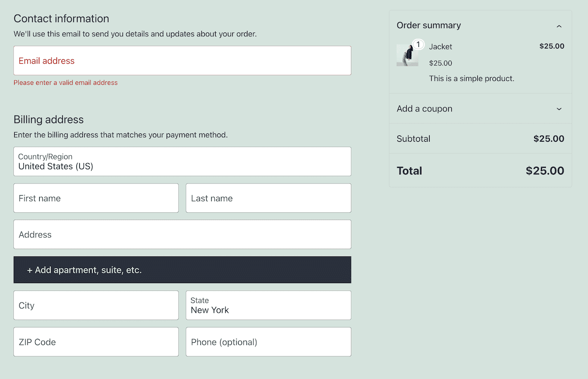 Uma página de checkout em uma loja WooCommerce mostrando a interface WooPayments para transações.