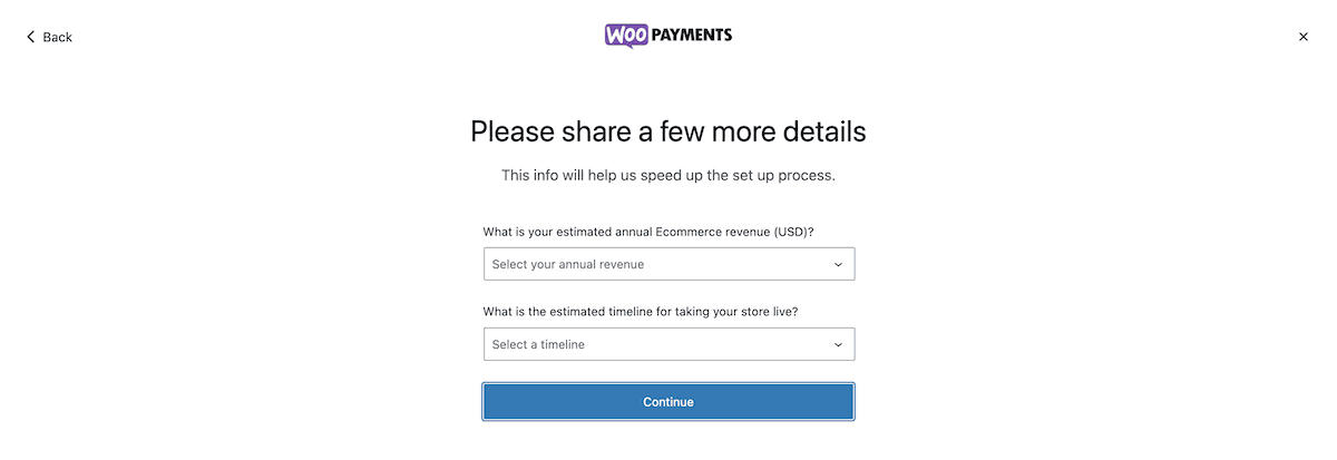 Inserimento delle informazioni sulle entrate annuali all'interno di WooPayments.