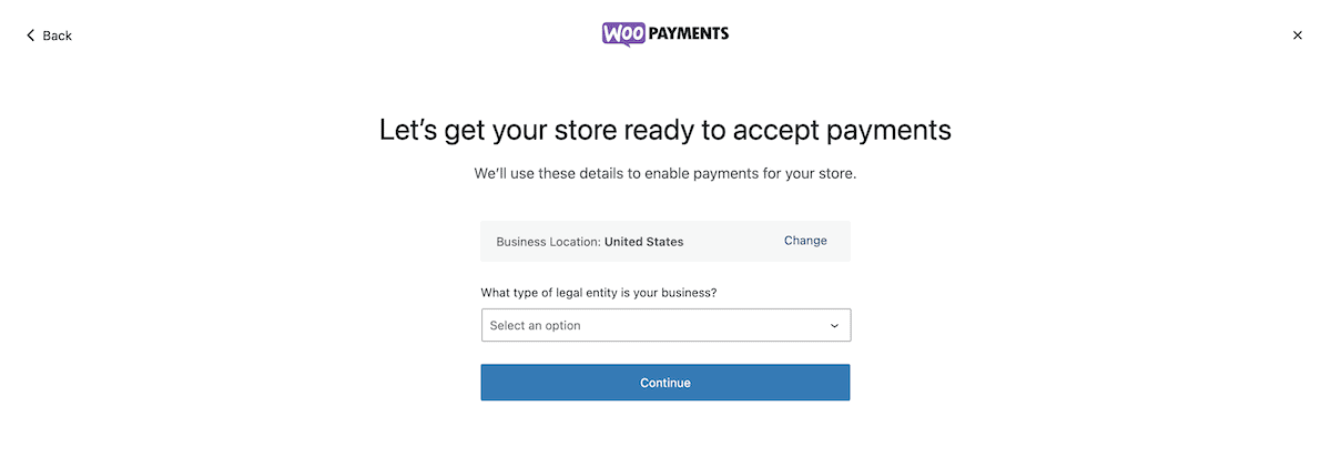 إدخال معلومات الكيان التجاري القانوني الخاص بك داخل WooPayments.