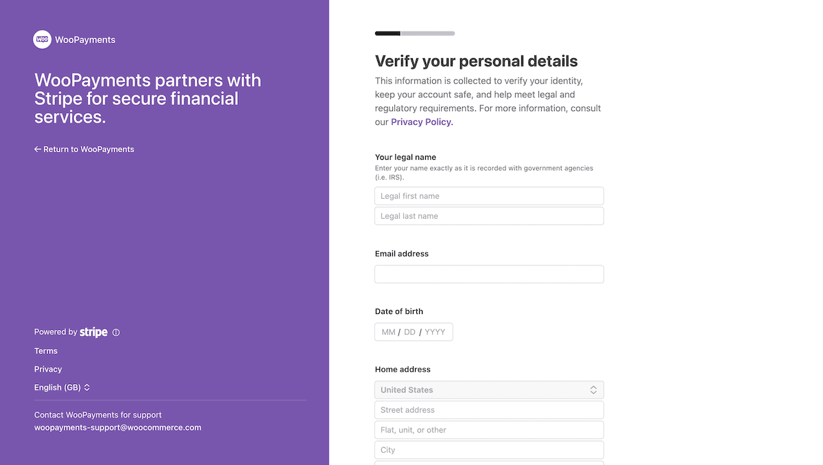 Inserimento di informazioni personali nella schermata di configurazione di Stripe WooPayments.