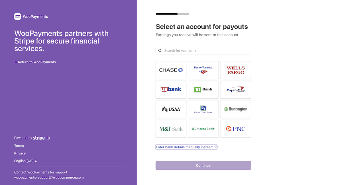 Choisir une banque spécifique dans une liste dans l'écran de configuration WooPayments de Stripe.