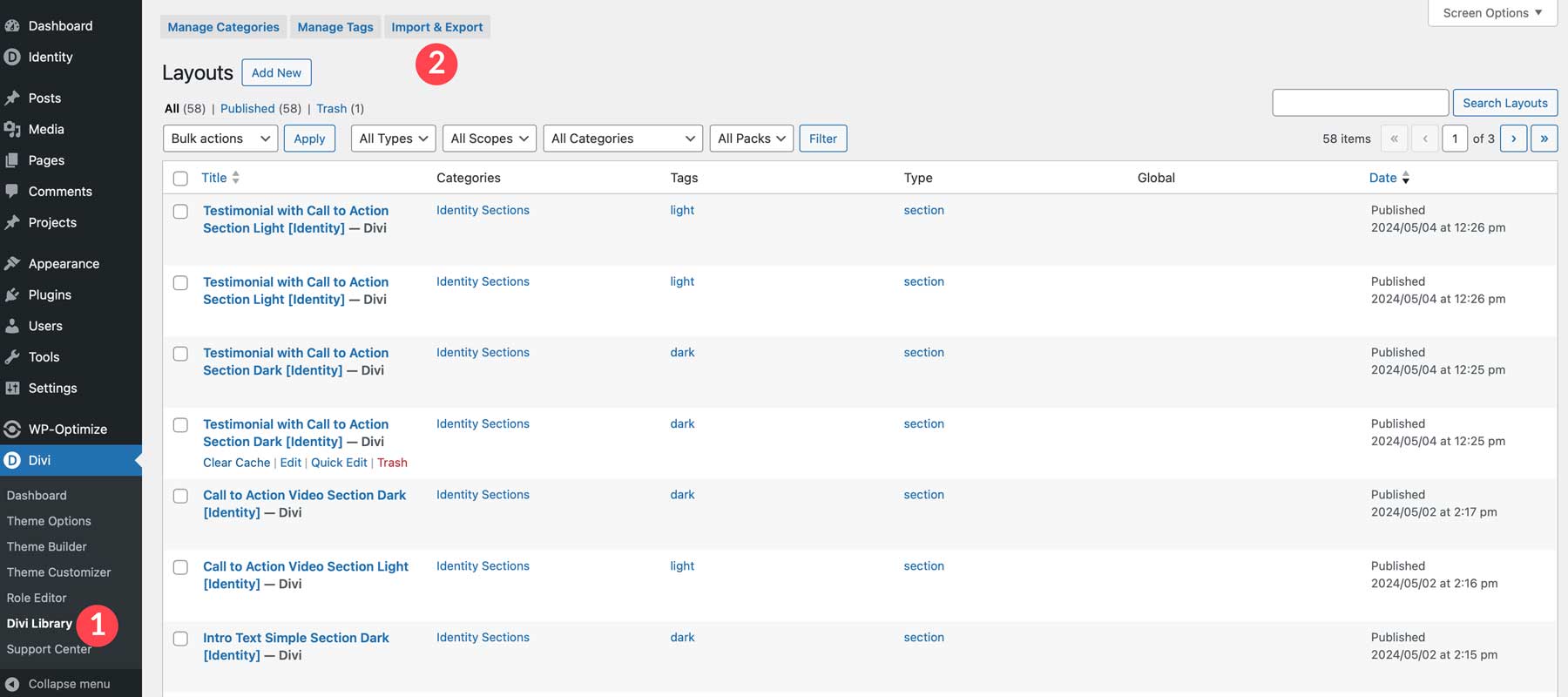 importer des mises en page Divi