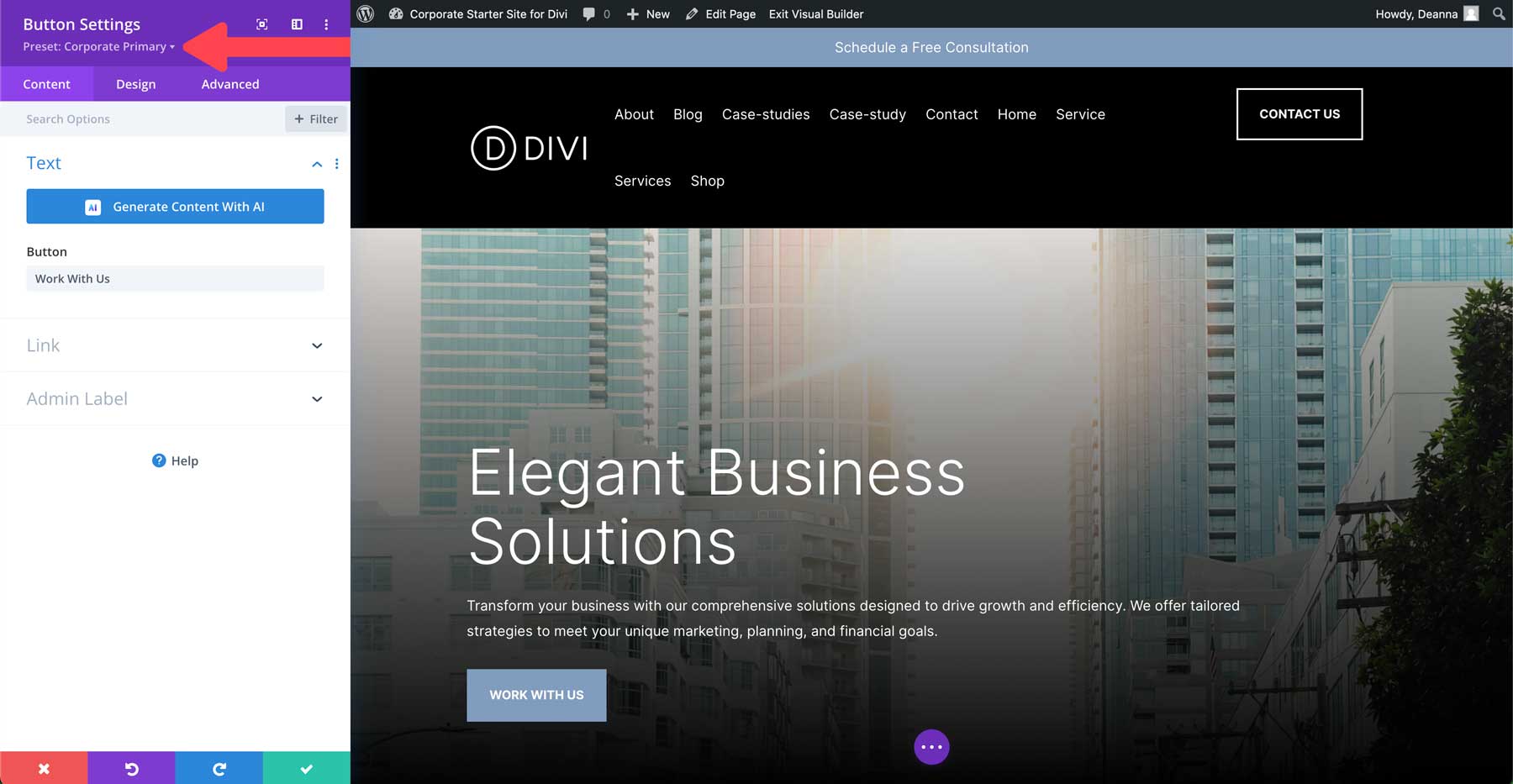 موقع بداية الشركة لـ Divi