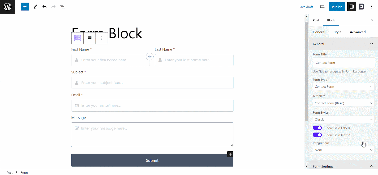 Customize a Form in WordPress Block Editor