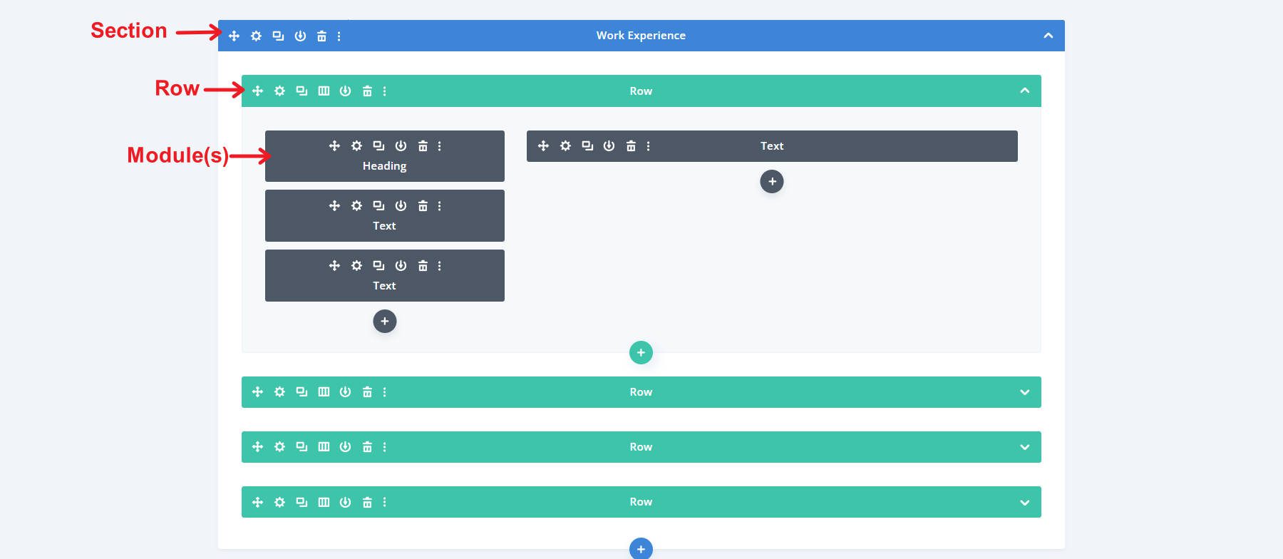 Vista Divi Wireframe di sezioni, righe e moduli