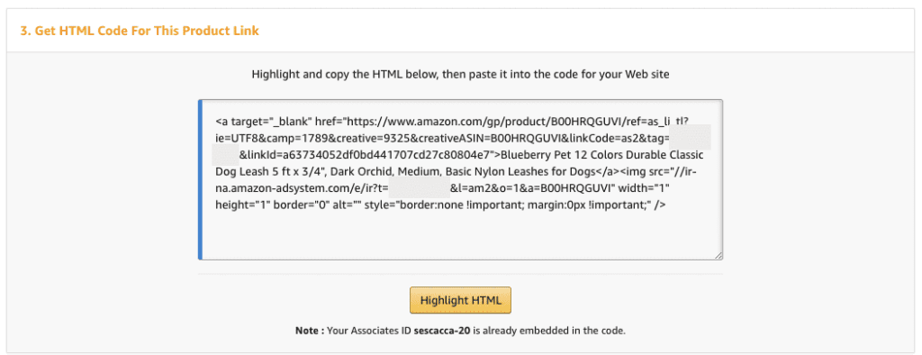 Código HTML para link do produto