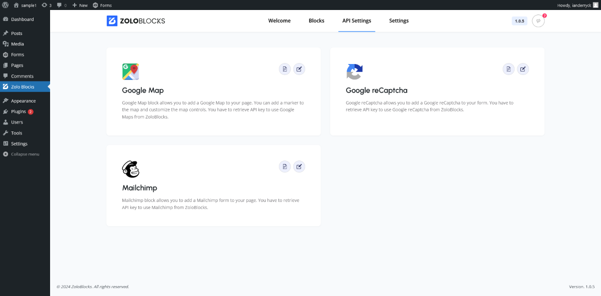 ZoloBlocks API 設定ページ。Google マップ、Google reCAPTCHA、Mailchimp のオプションが表示されます。