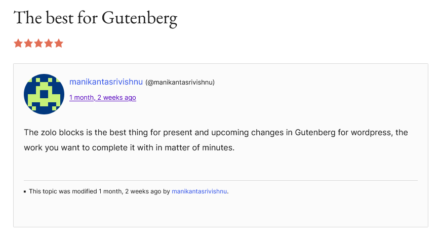 Una revisión de WordPress.org de ZoloBlocks de un cliente verificado.