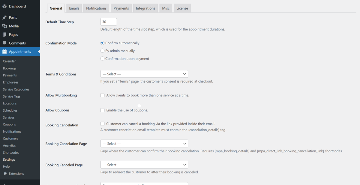 Bagian konfigurasi awal untuk menyiapkan plugin pemesanan janji temu WordPress oleh MotoPress