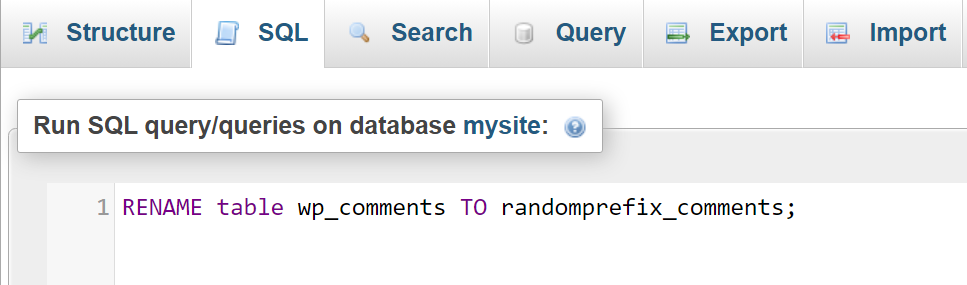 เลือกฐานข้อมูลของคุณและใช้แท็บ SQL ที่ด้านบนของหน้าจอเพื่อเรียกใช้แบบสอบถามต่อไปนี้สำหรับแต่ละตารางในฐานข้อมูล: RENAME table wp_xxxx TO otherprefix_xxxx;