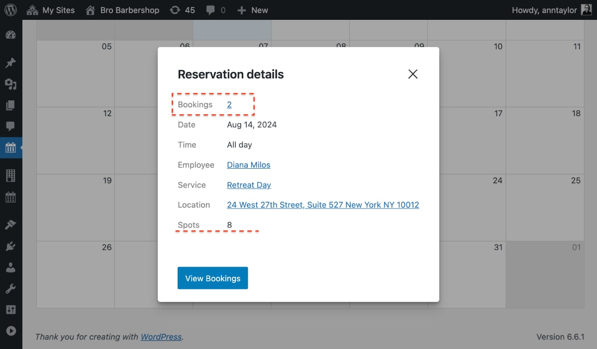 Detalles de la reserva reserva de eventos en wordpress.