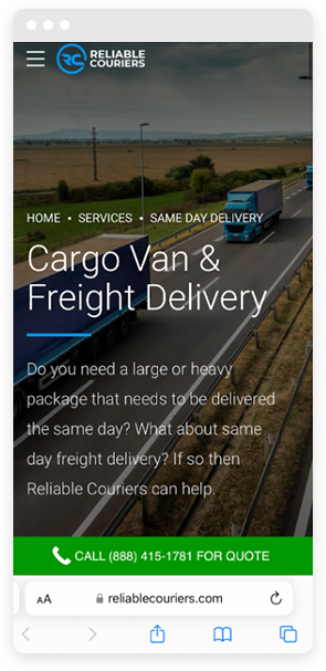 La versione mobile della pagina di destinazione di Reliable Couriers