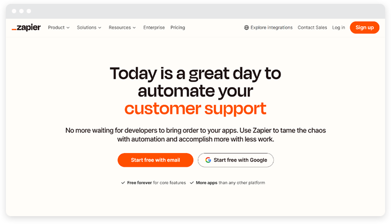 La landing page di Zapier con sfondo bianco e testo arancione