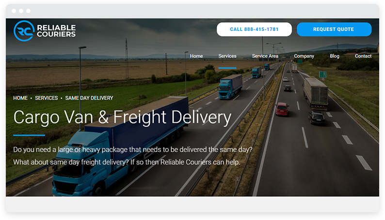 Schermata della home page di Reliable Couriers