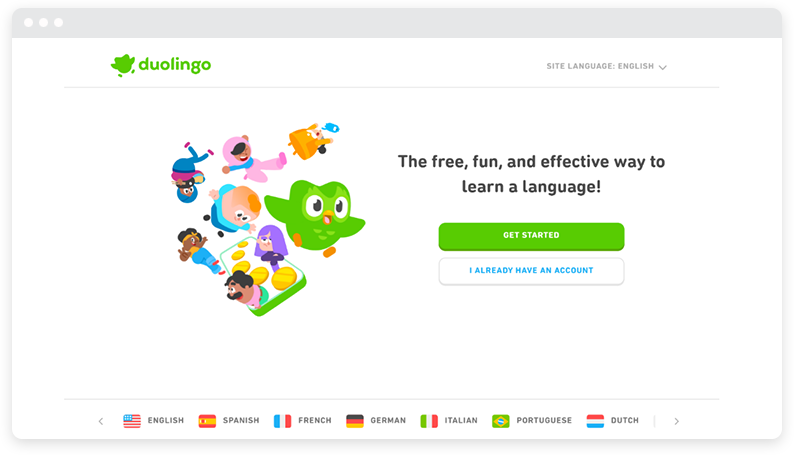 白色背景上带有绿色按钮的 Duolingo 登陆页面