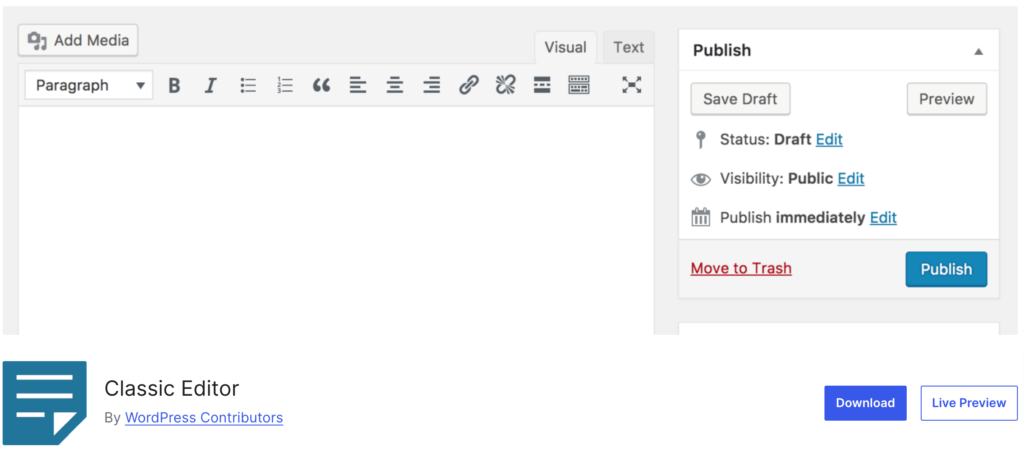 นี่คือรูปภาพของ Classic Editor - ปลั๊กอิน WordPress ที่ได้รับความนิยมสูงสุด