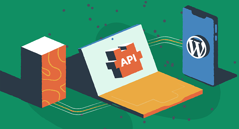 ラップトップと携帯電話には API と WordPress ロゴが表示されます