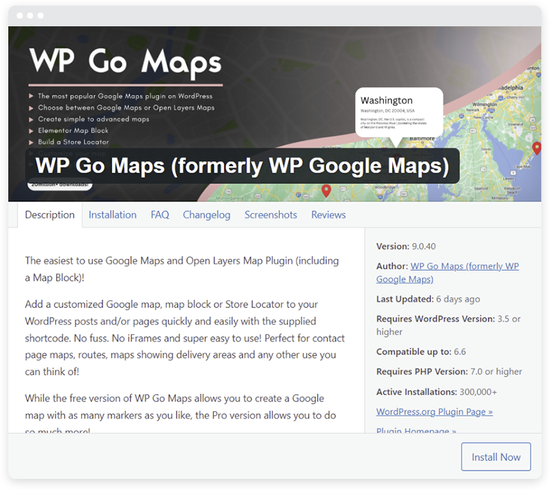 Uma captura de tela da tela principal do plugin WP Go Maps