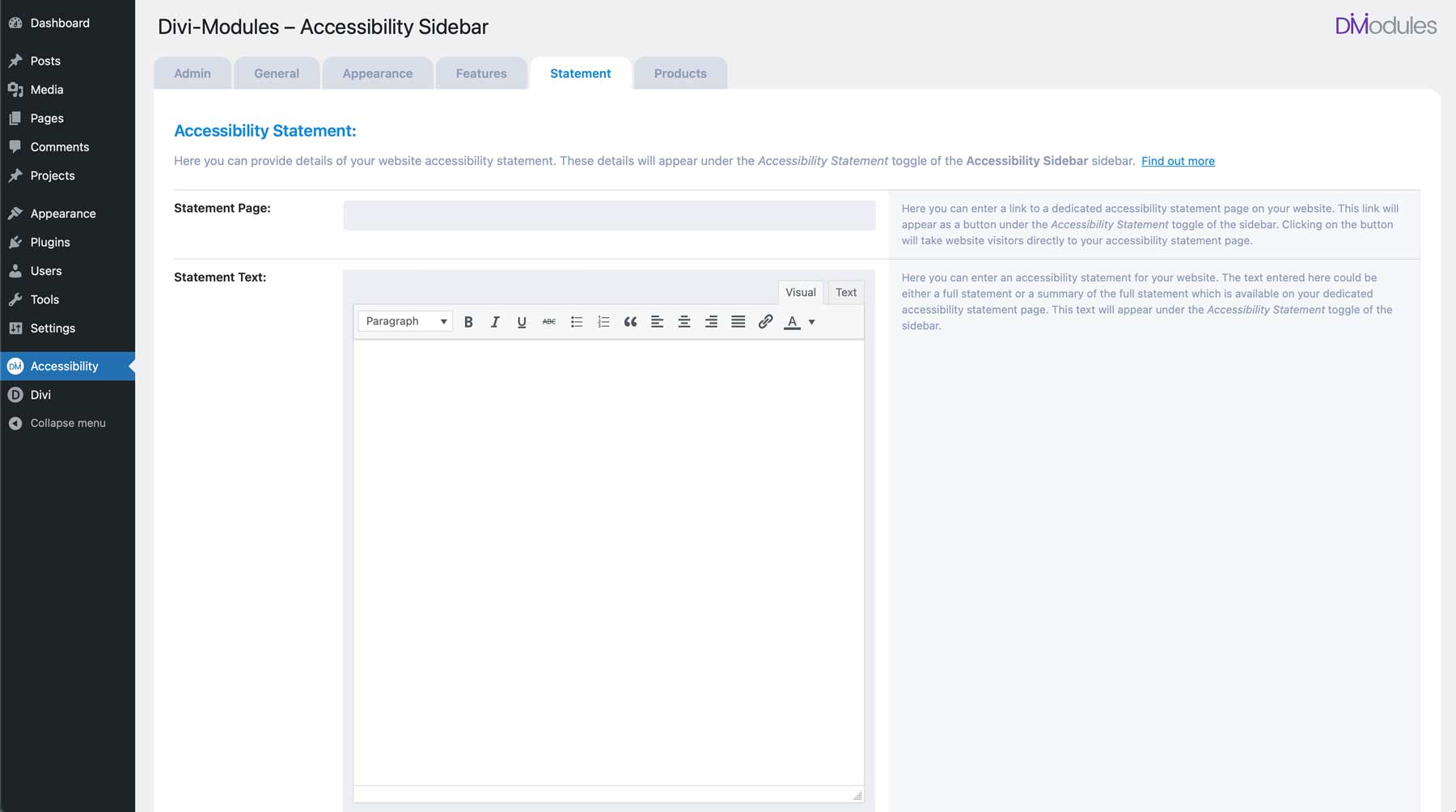 Registerkarte „Barrierefreiheit-Sidebar-Anweisung“.