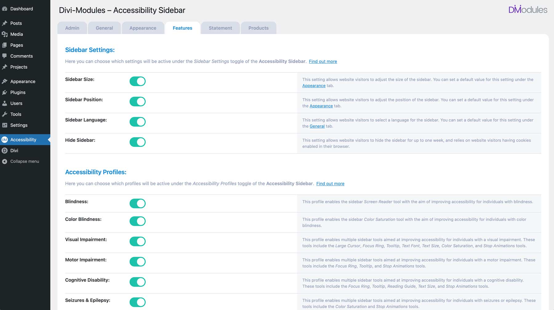 Pengaturan fitur Sidebar Aksesibilitas