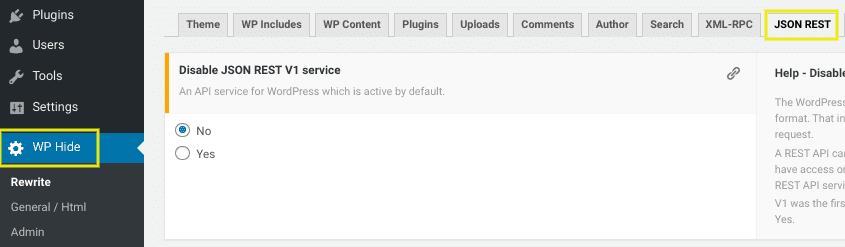 Deshabilitar la API REST en WP Hide