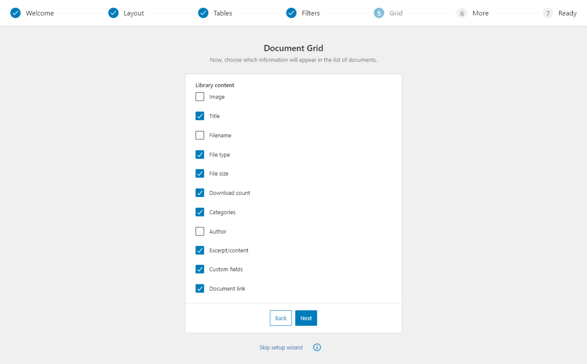 Le opzioni della griglia nella configurazione guidata di Document Library Pro.