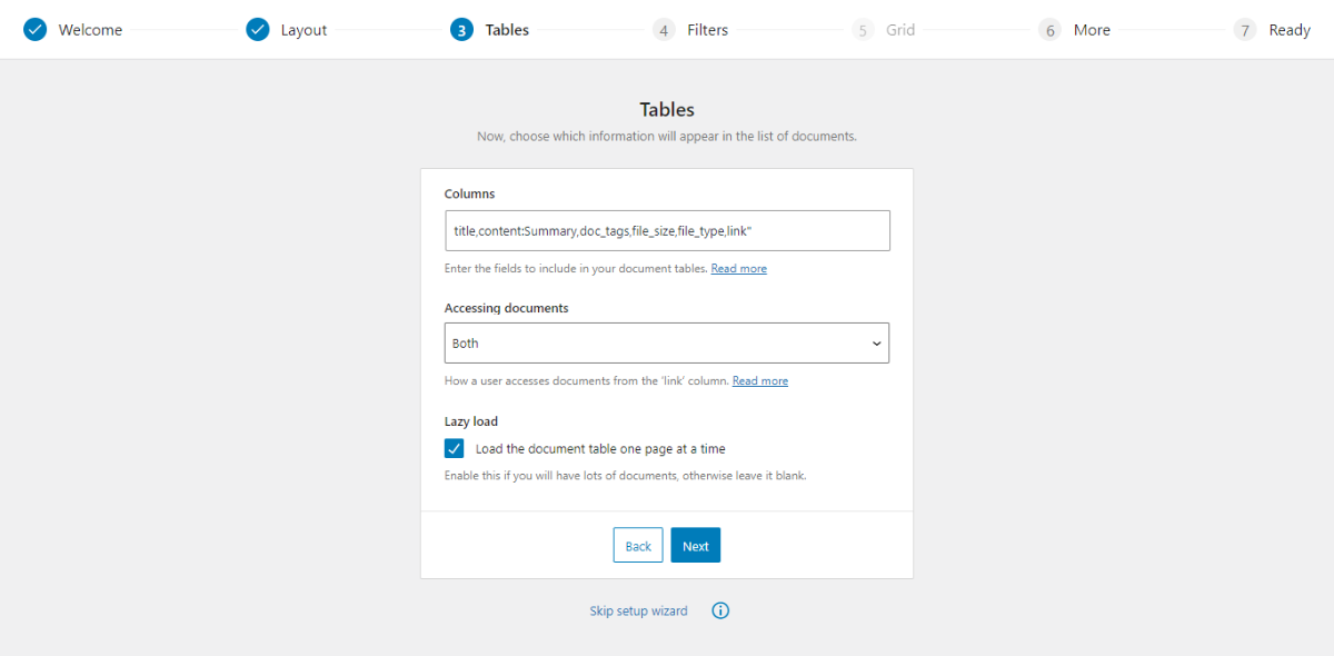 Bagian Tabel dari panduan penyetelan Document Library Pro.