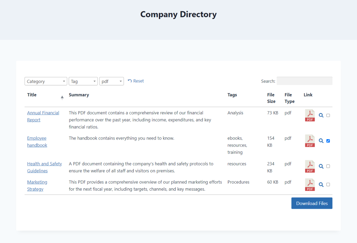 O front-end de um site mostrando uma biblioteca de PDF do WordPress usando o Document Library Pro.