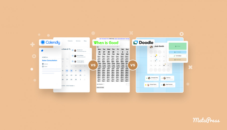 WhenIsGood, Calendly 및 Doodle 소프트웨어의 콜라주입니다.