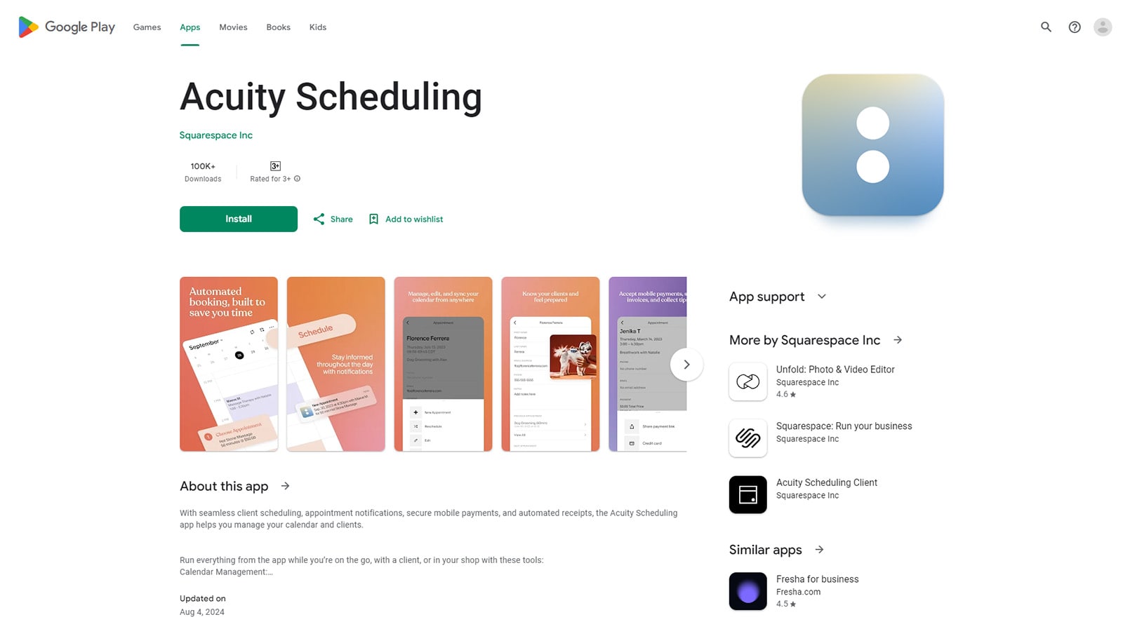 Visual halaman aplikasi seluler Android tersedia untuk pengguna Acuity Scheduling.