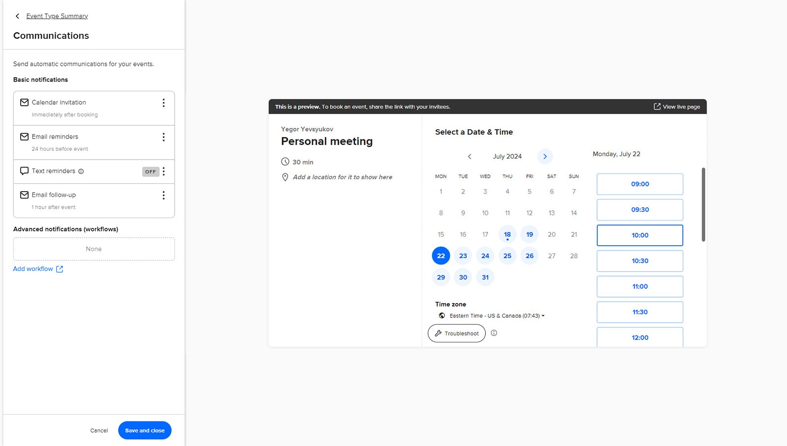 Reprezentarea Calendly, vizualizarea calendarului și notificările prin e-mail accesibile tuturor utilizatorilor ca parte a comparației Acuity Scheduling vs Calendly.