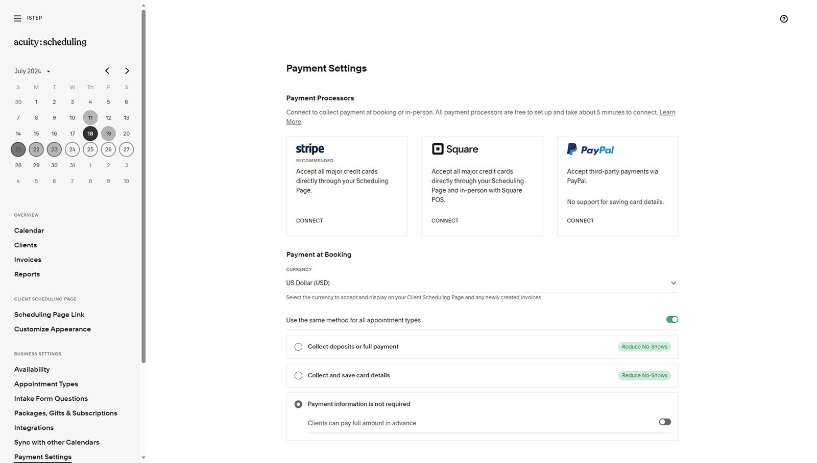 Acuity Scheduling 中包含的在线支付设置插图，作为 Acuity Scheduling 与 Calendly 比较的一部分。