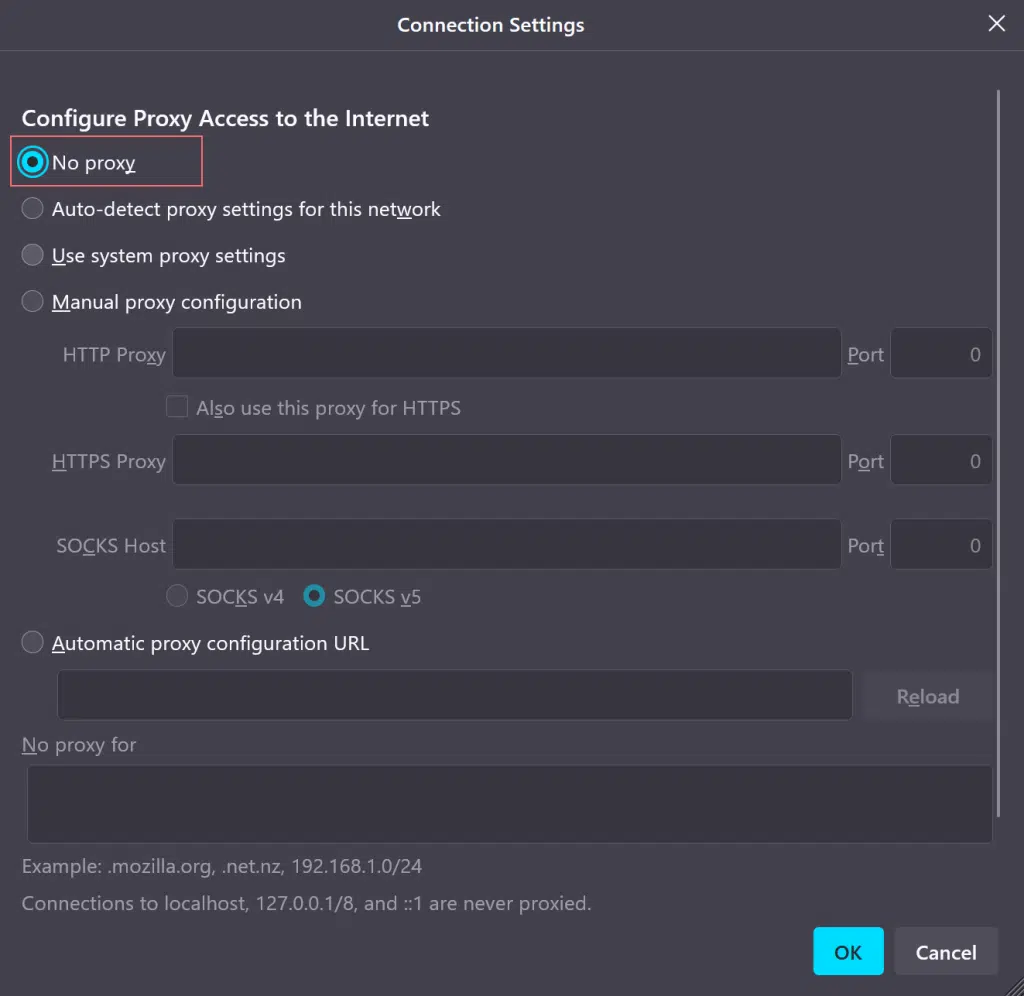 Disabling Proxy in Firefox