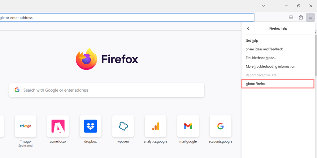 Firefox browser’s “About Firefox” option