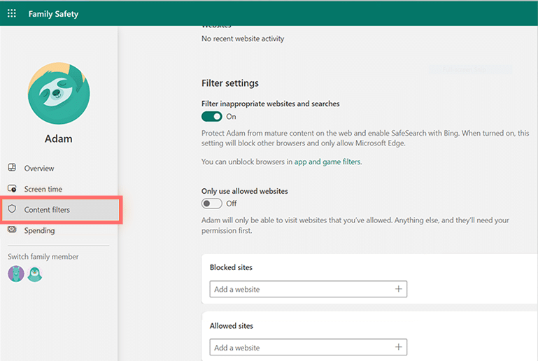 Content filters in Family Safety for Microsoft's Parental Control
