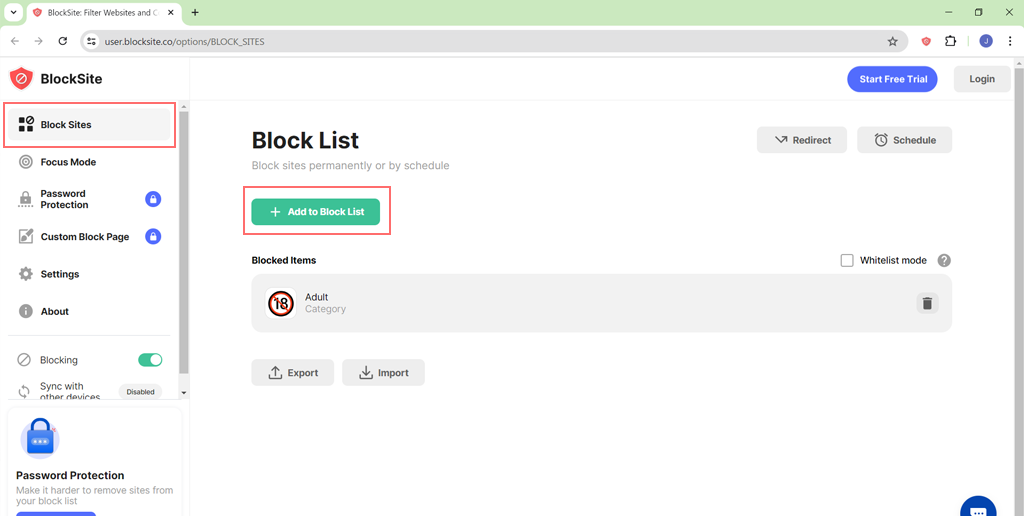 Adding websites to blacklist using BlockSite Extension on Chrome