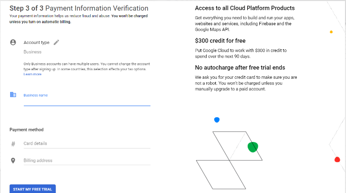 Enter business name and payment details