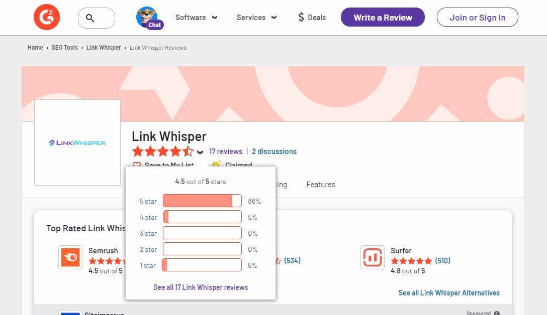 Link alle valutazioni degli utenti di Whisper su G2