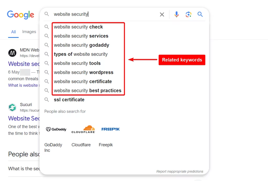 parole chiave pertinenti nei risultati del motore di ricerca di Google