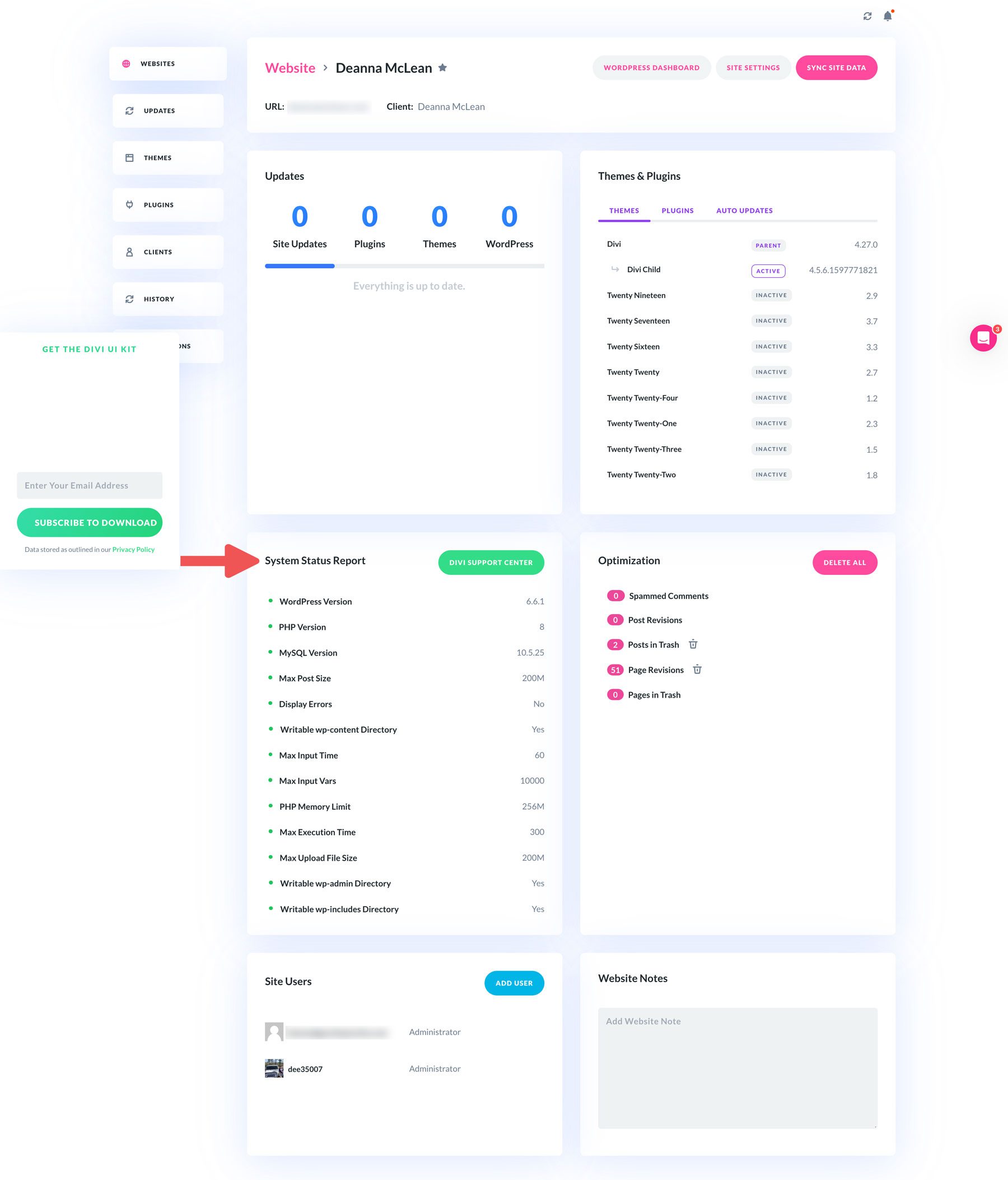 Informe de estado del sistema Divi Dash