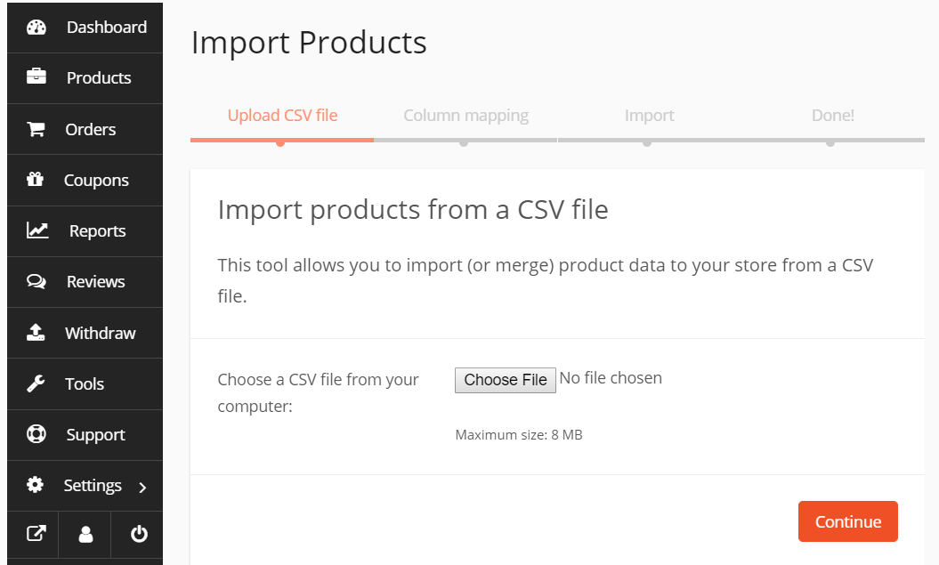 ภาพหน้าจอนี้แสดงวิธีการนำเข้าผลิตภัณฑ์ WooCommerce เป็นไฟล์ CSV