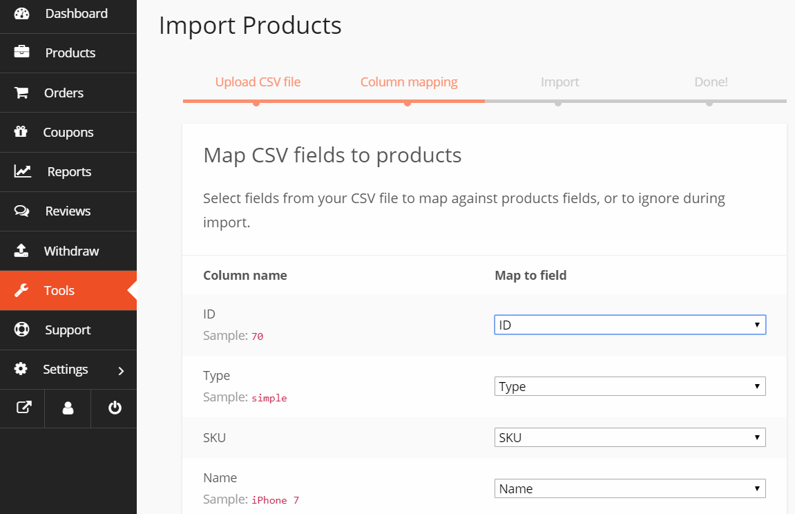 この画像は、インポートする製品をマッピングする方法を示しています