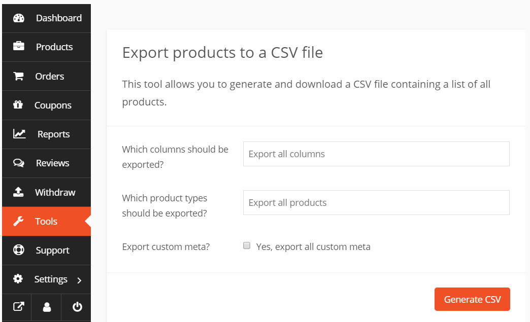 この画像は、商品を CSV ファイルとしてエクスポートする方法を示しています