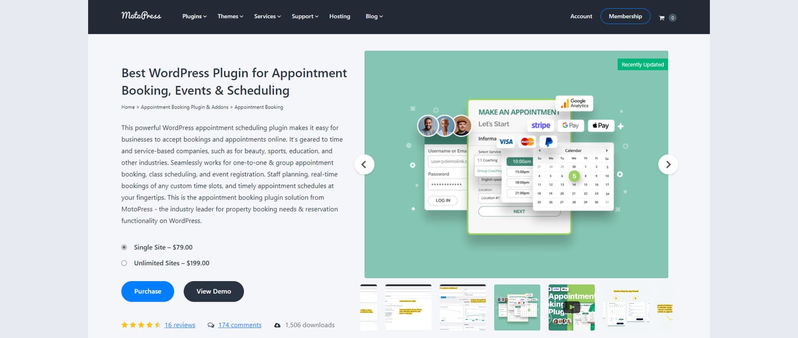 Grafica di MotoPress Appointment Booking, un plugin WordPress flessibile per la gestione degli eventi con supporto WooCommerce.