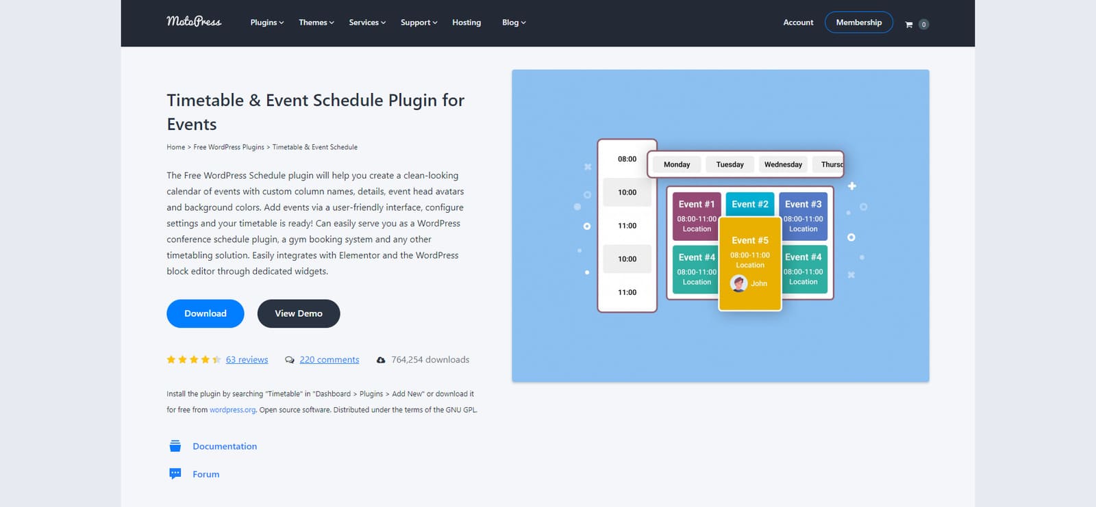 簡単なイベントフィルタリングを備えた最高の WordPress イベント登録プラグインである WordPress Timetable Plugin の図。