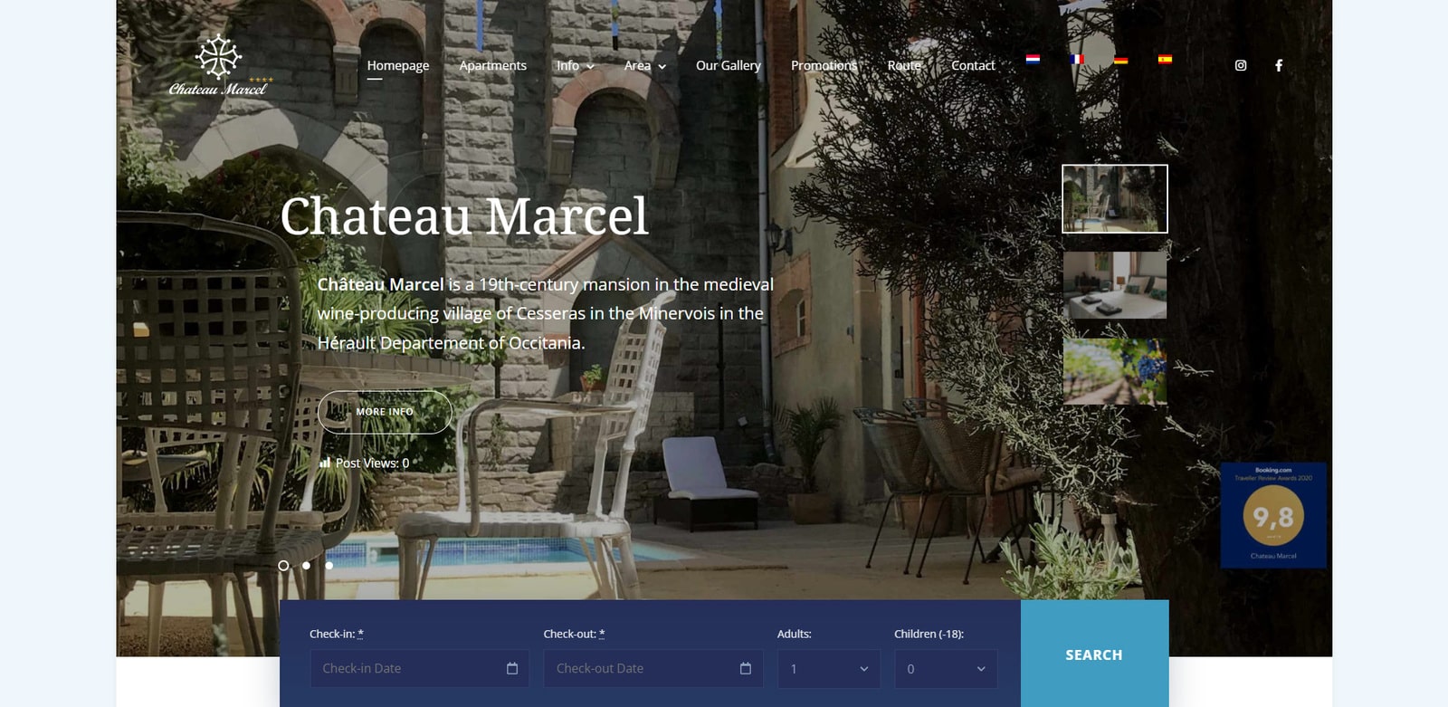 Immagine di Chateau Marcel, un esempio di design del sito web di un hotel con una ricerca di camere semplice e veloce.