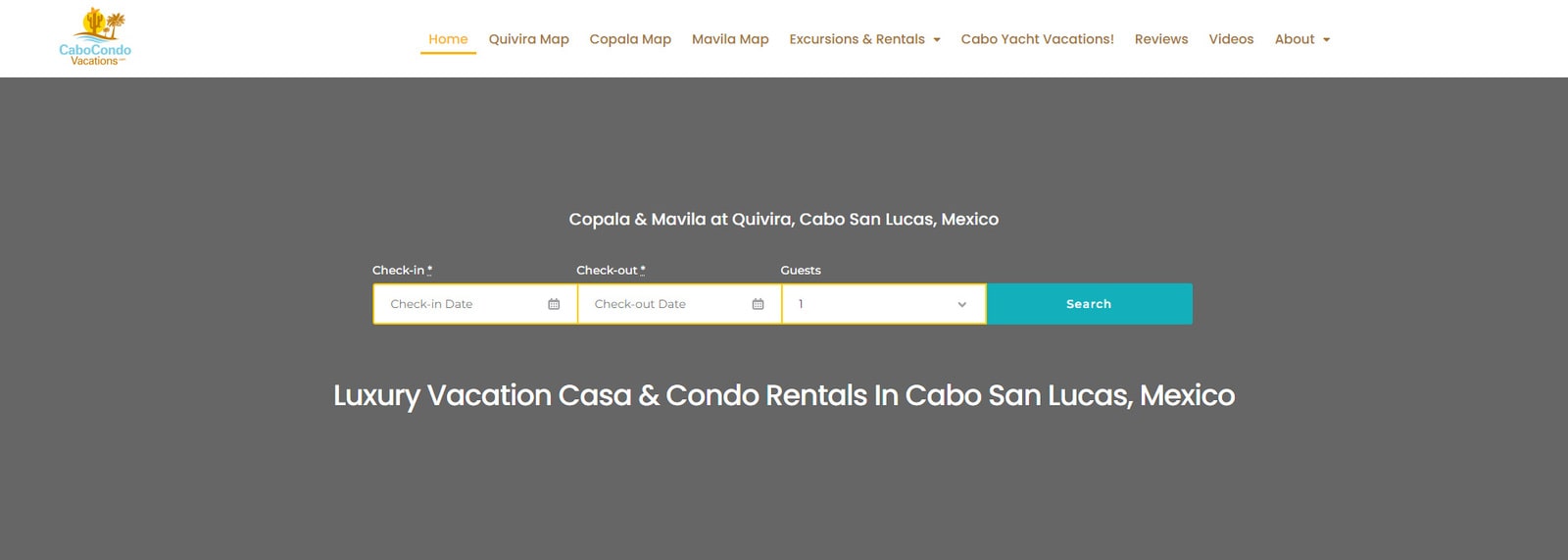 Rappresentazione di CaboCondoVacations, un impressionante sito web di case vacanze con una varietà di pagine per escursioni e servizi di noleggio.